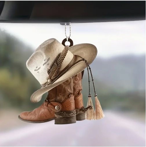 2D Acrylic Cowboy Boot Hat Car Rear View Mirror Pendant