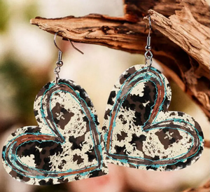 Cowhide Turquoise Heart Shape Pendant Drop Earrings