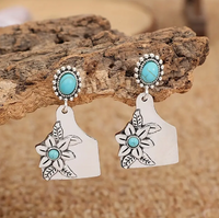 Retro Bohemian Western Style Turquoise Flower Pattern Dangle Earrings
