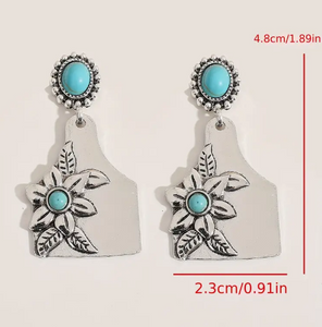 Retro Bohemian Western Style Turquoise Flower Pattern Dangle Earrings
