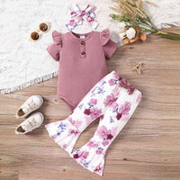 Decorative Button Ribbed Bodysuit and Printed Flare Pants Set
