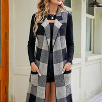 Plaid Open Front Sleeveless Cardigan with Pockets