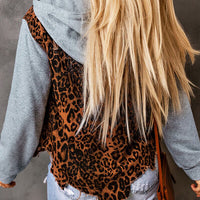 Leopard Distressed Drawstring Hooded Denim Jacket