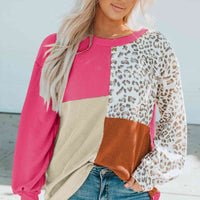 Color Block Leopard Round Neck Sweatshirt