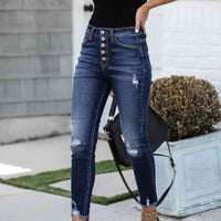 Buttoned Distressed Skinny Jeans