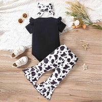 Decorative Button Ribbed Bodysuit and Printed Flare Pants Set