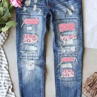 Leopard Patch Distressed Straight Leg Jeans